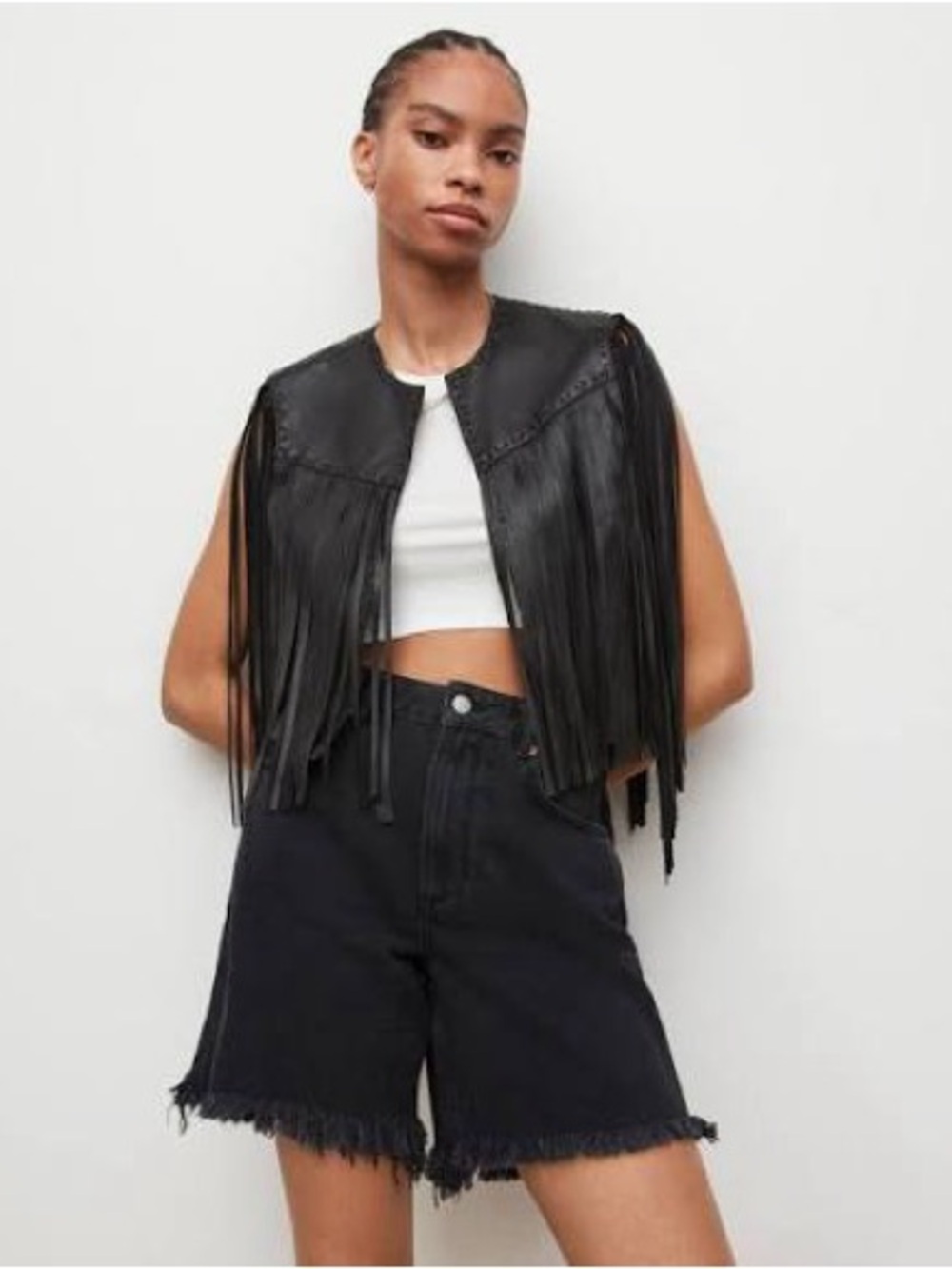 AllSaints Black Fringe Leather Vest - Women Jackets & Coats